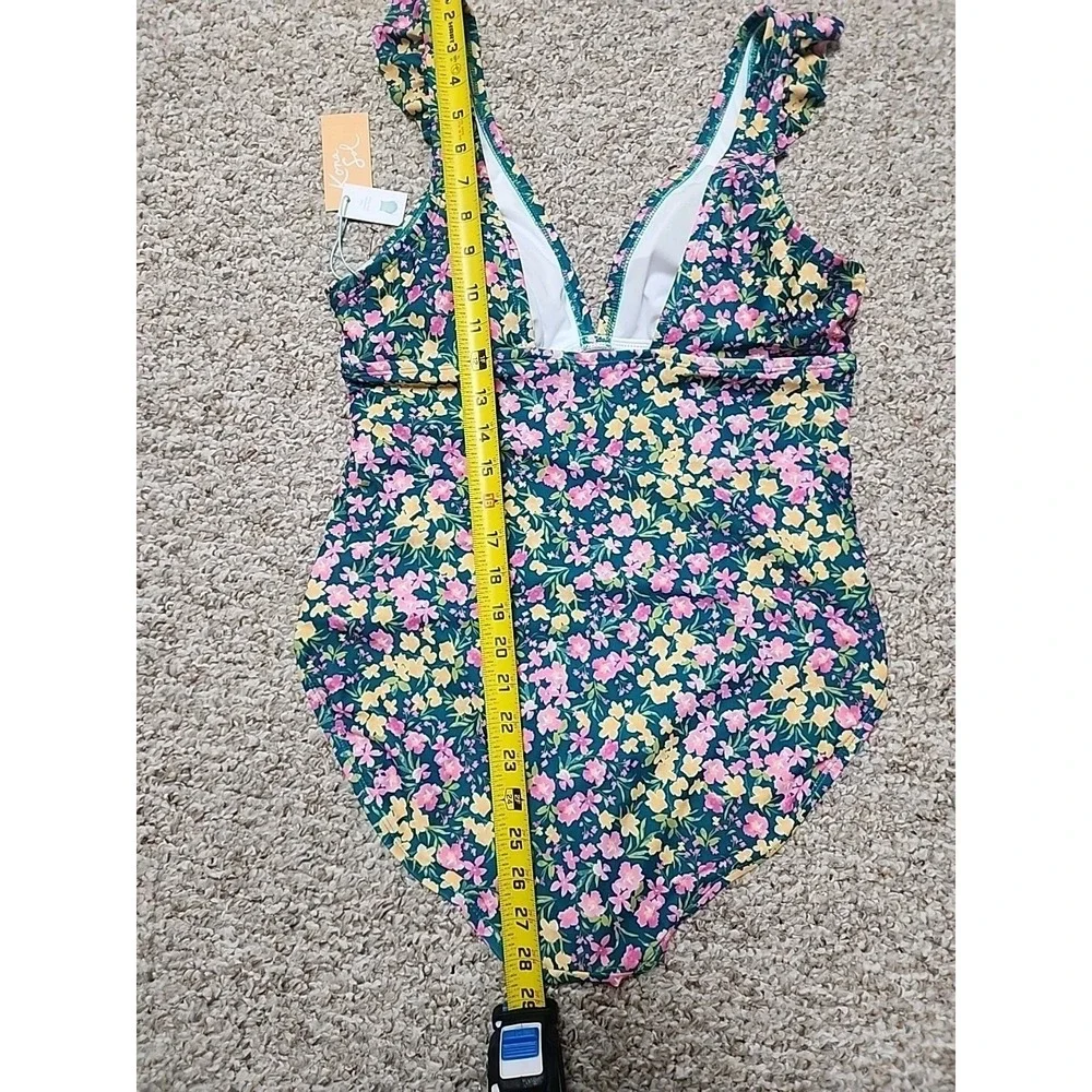 Kona Sol Green Pink Yellow Floral Deep V One Piece Bathing Swim Suit Large NWT